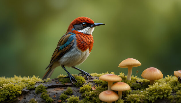 Male red breasted flycatcher Ficedula parva elegantly perched on a mossy log adorned with mushrooms, showcasing a striking close up image in soft light and vibrant color tones. 