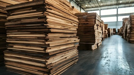 Fototapeta premium Stacks of Various Types of Wood Sheets in a Workshop Environment with Natural Light and Organized Storage for Lumber at a Manufacturing Facility