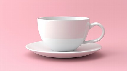 Fototapeta premium 3D render of a white coffee cup and saucer on pink background. modern design