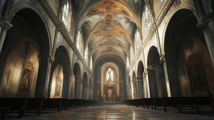Obraz premium Grand Cathedral Interior, Sunlit Aisle