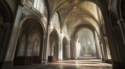 Fototapeta premium Sunlit cathedral interior, arched hall