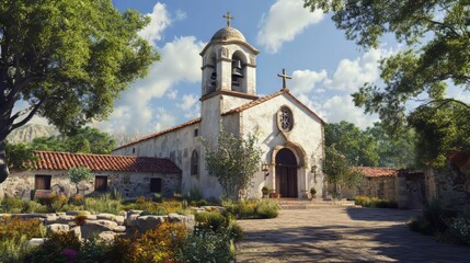 Naklejka premium Rustic Church in Sunny Landscape