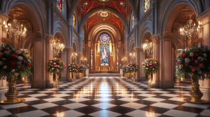Obraz premium Grand church interior with floral displays