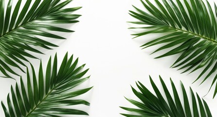Lush green palm leaves frame on a clean white surface with space for text in the middle, create a serene and tropical atmosphere perfect for decor or design inspiration. Top view