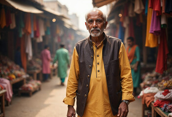 Obraz premium Middle-Aged Indian Man Walking Through a Bustling Traditional Marketplace