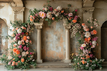 Naklejka premium photography backdrop featuring a delicate floral arch and a vintage textured wall, ideal for maternity shoots, weddings, and photo zones, exuding timeless charm and grace