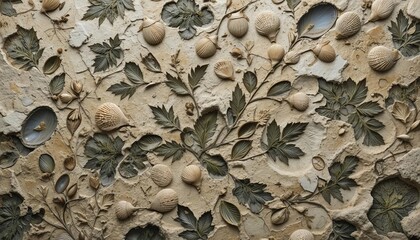 An abstract pattern resembling fossilized imprints of leaves and shells, rendered in muted earthy tones like sepia, moss green, and sandstone, with a rough, textured background evoking ancient