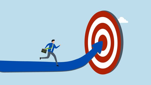 Progress to goal, 4k animation of driven entrepreneur following a growth trajectory towards hitting the mark. 