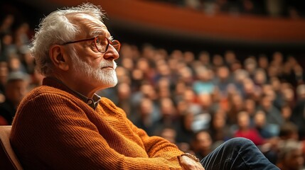Obraz premium Thoughtful Elderly Man in Orange Sweater Attending a Performance with Engaged Audience in Background in a Warmly Lit Theater Setting