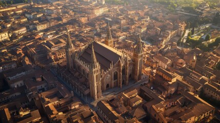 Aerial view of a city with a cathedral