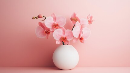 Elegant Pink Orchid Arrangement in Minimalist White Vase On Pink Background