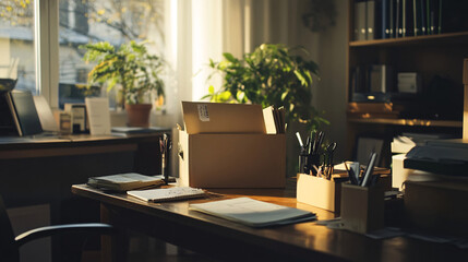 A packed office desk being cleared, symbolic of the last day at work, natural indoor lighting, cardboard box with personal items, neutral and reflective mood 