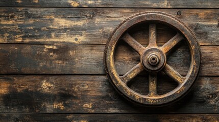 Obraz premium Rustic Wooden Wheel on Dark Weathered Plank Background
