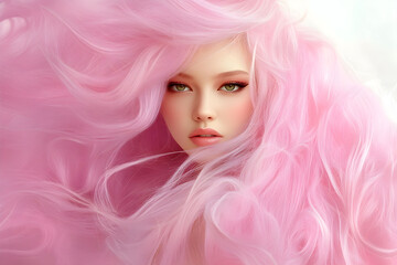 Naklejka premium Portrait of a doll-like figure with flowing pink hair set against a soft background highlighting delicate features and colorful styling