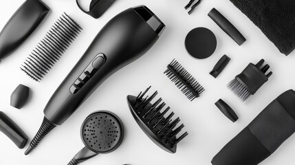 Black Hair Styling Tools and Accessories on White Background