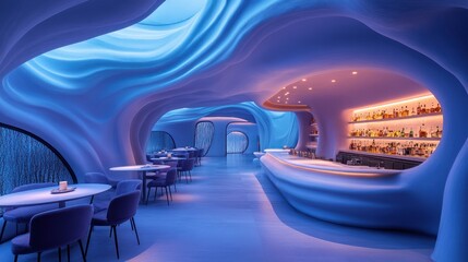 Obraz premium Serene underwater-themed bar with organic curves, ambient lighting, and comfortable seating.
