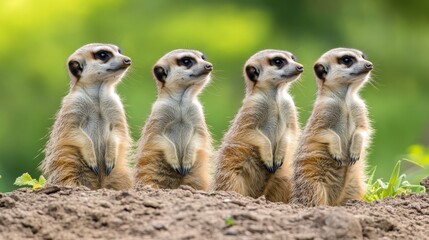 Fototapeta premium A Group of Meerkats Standing Alert in a Natural Habitat, Showcasing Their Curiosity and Social Behavior Amidst a Lush Green Background