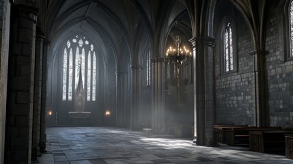 Ancient cathedral interior, sunlit aisle