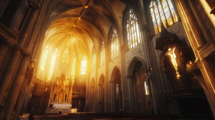 Naklejka premium Sunlit Gothic Cathedral Interior