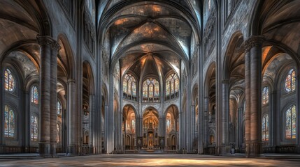 Obraz premium Grand cathedral interior, sunlight streams in