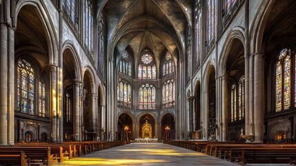 Obraz premium Grand cathedral interior, sunlight streams in