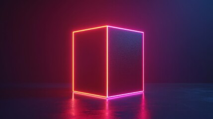 Neon-lit cube in dark room with reflective surface and vivid colors