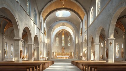 Fototapeta premium Grand cathedral interior, sunlight streams in