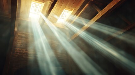 Sunbeams illuminating wooden attic