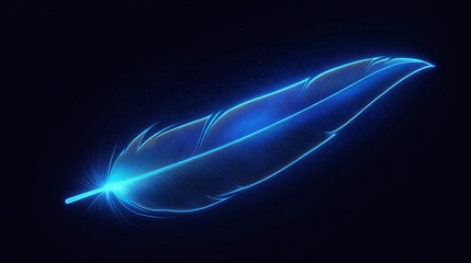 Fototapeta premium Neon blue feather on dark background with glowing particles