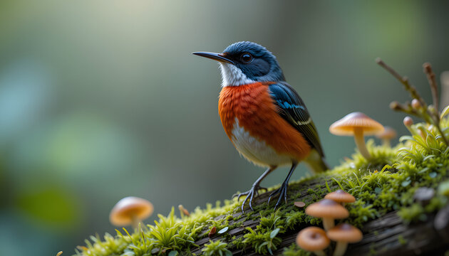 Male red breasted flycatcher Ficedula parva elegantly perched on a mossy log adorned with mushrooms, showcasing a striking close up image in soft light and vibrant color tones. 