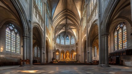 Fototapeta premium Grand cathedral interior, sunlight streams in