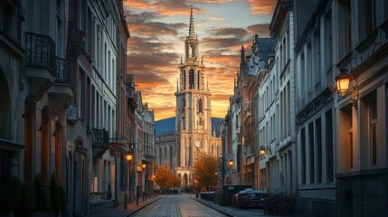 Fototapeta premium Sunset view down cobblestone street