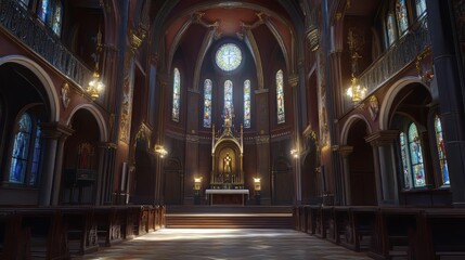 Obraz premium Tranquil church interior, serene light