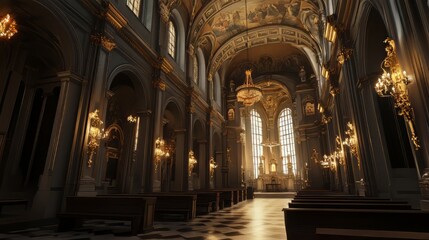 Grand church interior, sunlight streams in