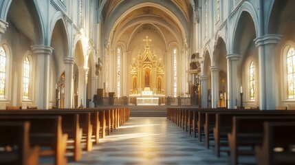 Fototapeta premium Serene church interior bathed in sunlight