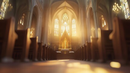 Fototapeta premium Sunlit church interior, peaceful scene