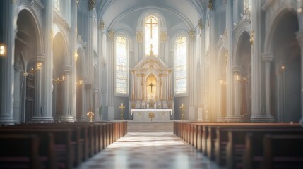Tranquil church interior bathed in sunlight
