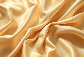 Golden silk fabric with soft waves and folds. Luxurious satin material with elegant draping texture. Smooth glossy textile background for fashion, wedding, luxury design with copy space