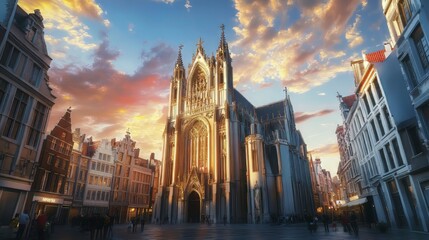 Naklejka premium Grand cathedral at sunset, city scene