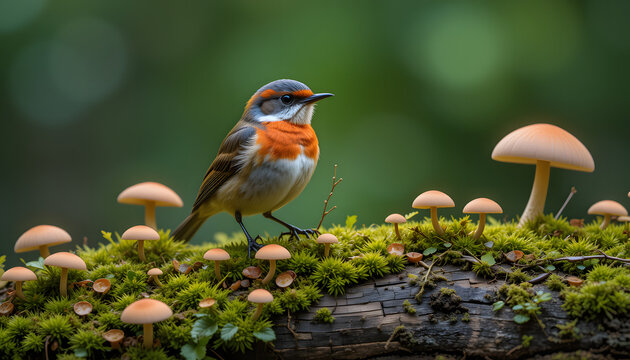 Male red breasted flycatcher Ficedula parva elegantly perched on a mossy log adorned with mushrooms, showcasing a striking close up image in soft light and vibrant color tones. 