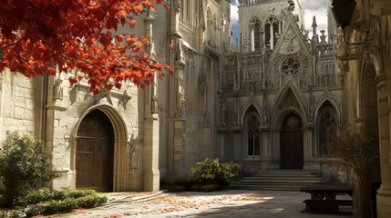 Fototapeta premium Autumnal Courtyard of Gothic Church
