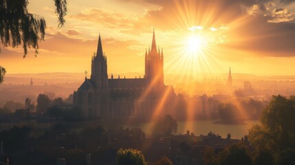 Fototapeta premium Golden sunrise over city cathedral
