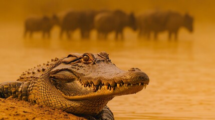 Obraz premium Majestic Alligator Resting on Riverbank with Silhouetted Animals in Background at Dusk, Capturing Nature's Beauty in a Serene Landscape