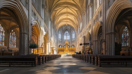 Fototapeta premium Sunlit cathedral nave, serene and grand