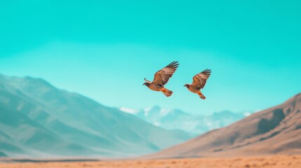 Naklejka premium Majestic birds soaring gracefully over a stunning mountainous landscape under a vibrant blue sky with distant snow-capped peaks showcasing the beauty of nature.