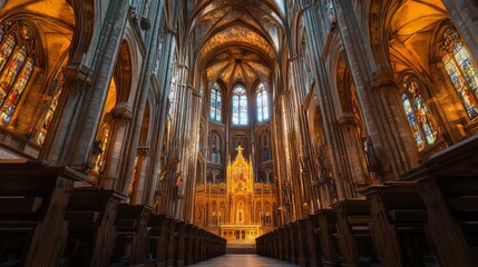 Obraz premium Grand cathedral interior, golden altar
