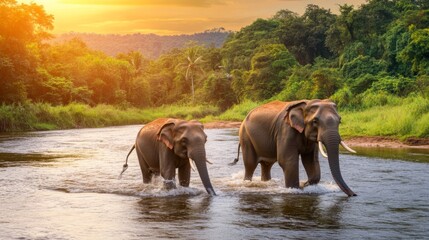 Majestic Elephants Walking Through Calm Water in Lush Green Forest at Sunset, Capturing the Serenity and Beauty of Nature's Wildlife