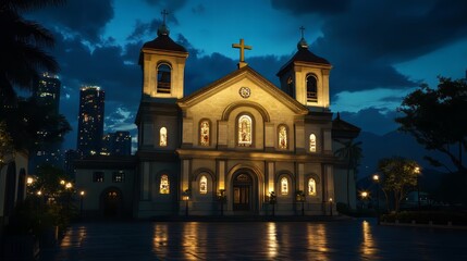 Obraz premium Church at night, city backdrop