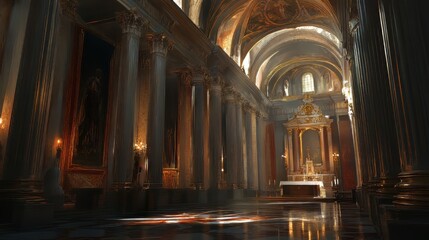 Grand church interior, sunlight streams in