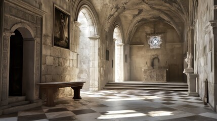Obraz premium Sunlit stone chapel interior